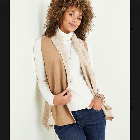 Chico’s 3 (XL 16) Faux Suede Bouclé Drape Women’s Vest Tan Beige Faux Shearling - Picture 1 of 11